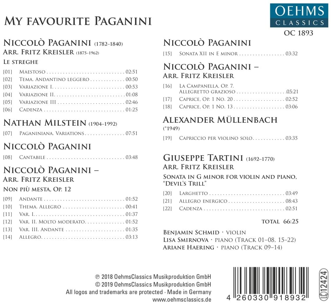 My Favourite Paganini [Benjamin Schmid; Lisa Smirnova; Ariane Haering] [Oehms Classics: OC1893] [Audio CD]