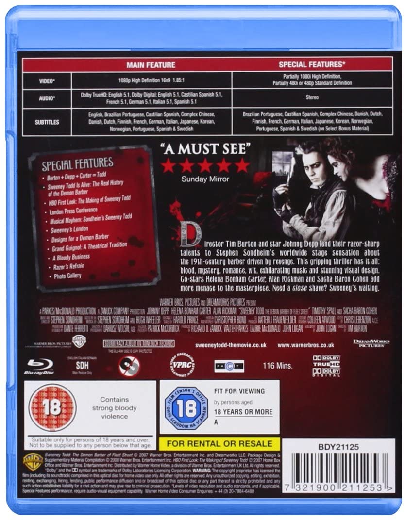 Sweeney Todd: The Demon Barber Of Fleet Street [2008] [Region Free] – Musical/Drama [Blu-ray]