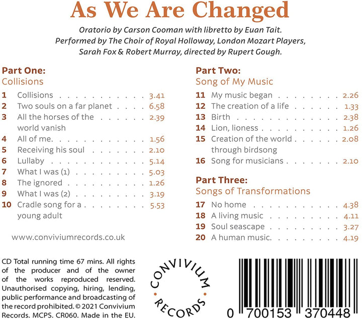 Cooman: As We Are Changed [Sarah Fox; Robert Murray; Der Chor von Royal Holloway; Londoner Mozart-Spieler; Rupert Gough] [Convivium Records: CR060] [Audio CD] 