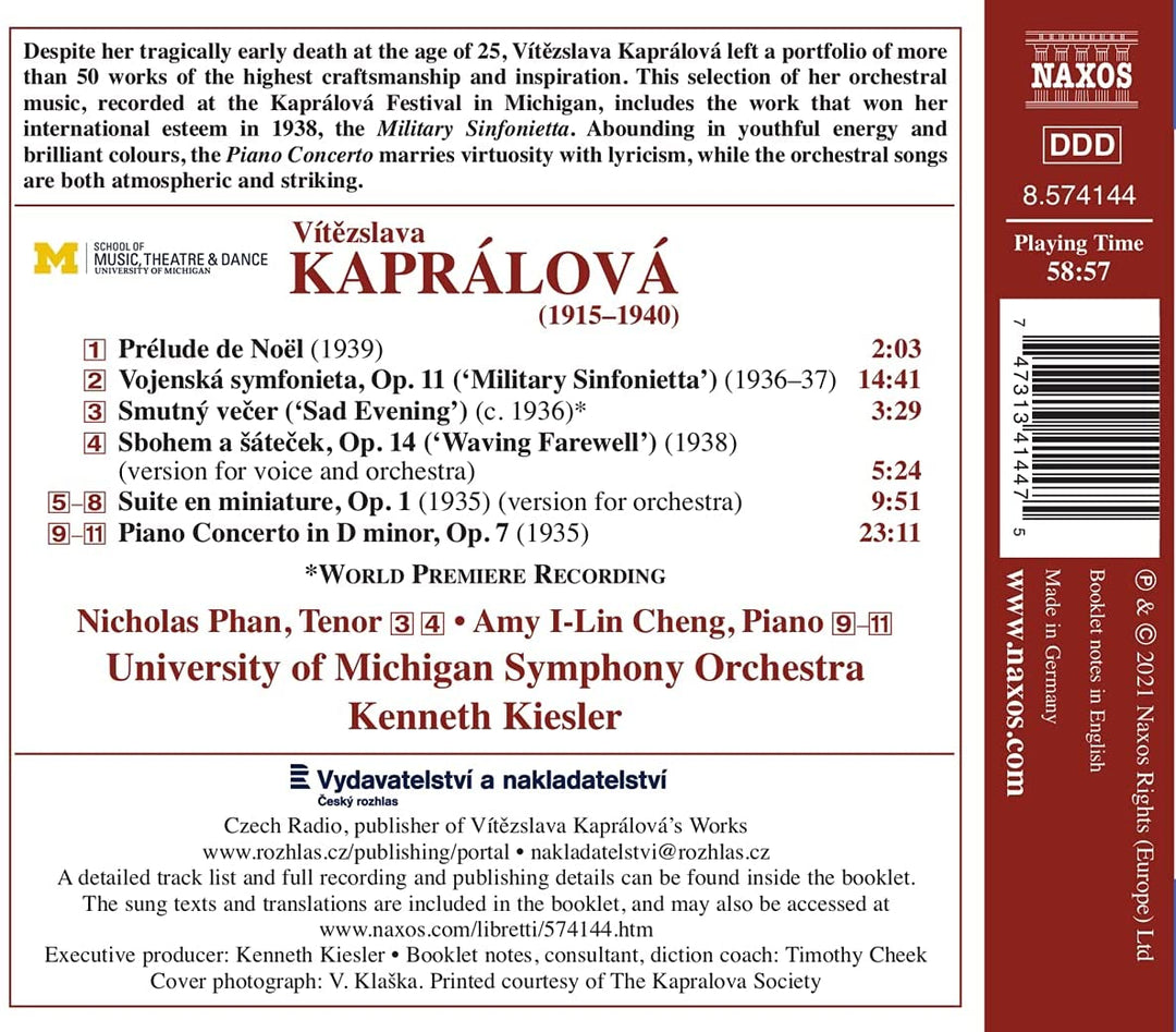 Kapralova: Winken zum Abschied [Amy I-Lin Cheng; Nicholas Phan; Symphonieorchester der Universität Michigan; Kenneth Kiesler] [Naxos: 8574144] [Audio CD]