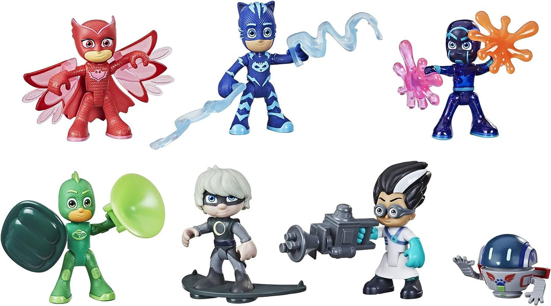 PJ MASKS F2096 Helden- und Bösewicht-Set, Vorschulspielzeug, 7 Actionfiguren mit 10 Zubehörteilen, ab 3 Jahren