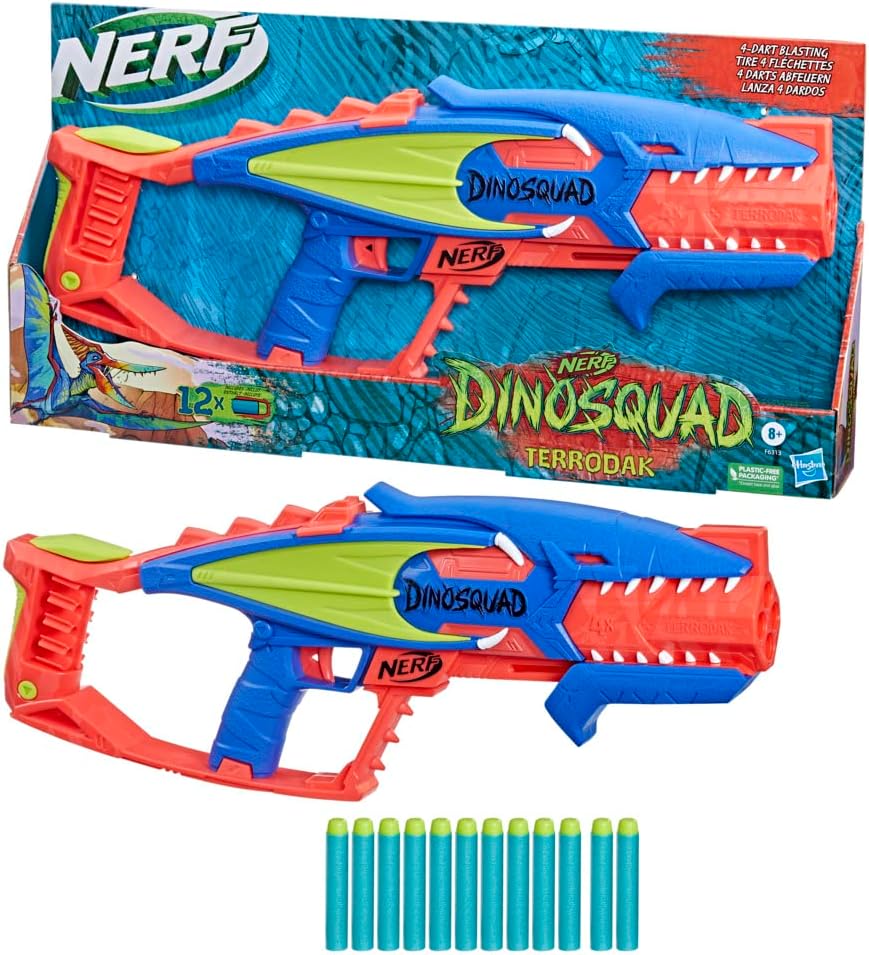 Nerf DinoSquad Terrodak – 12 Nerf Elite Darts – Dinosaurier-Design – 4 Dart Nerf Bl