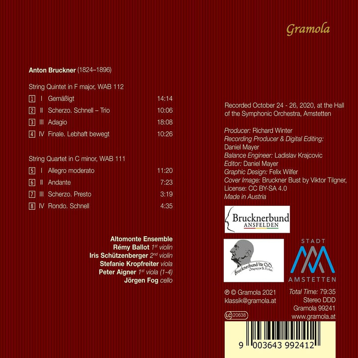 Bruckner: Kammermusik [Altomonte Ensemble: Rémy Ballot; Iris Schützenberger; Stefanie Kropfreiter; Peter Aigner; Jörgen Fog] [Gramola: 99241] [Audio CD]