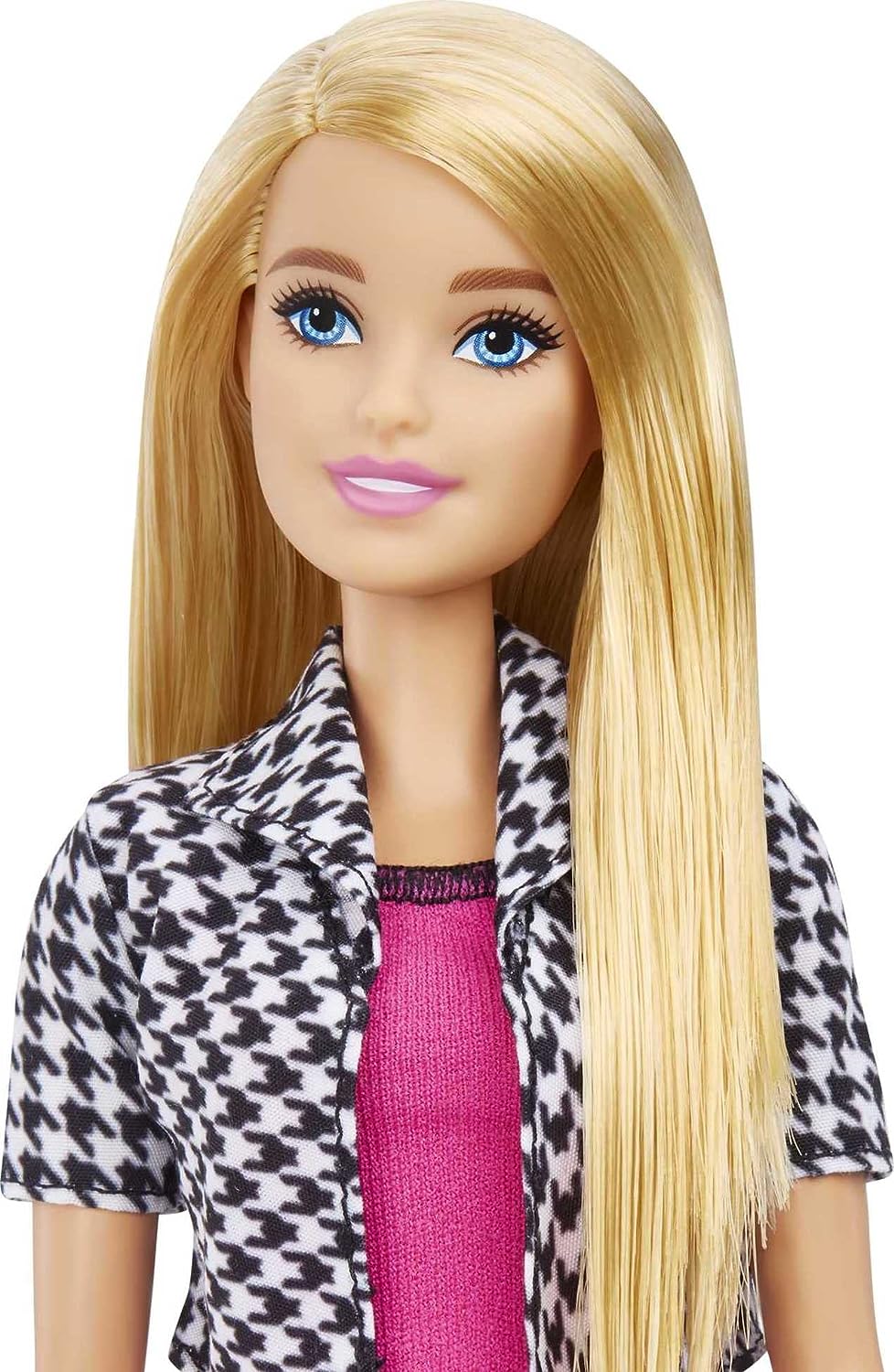 Barbie-Innenarchitektenpuppe, blond, rosa Kleid und Jacke mit Hahnentrittmuster, Prothese