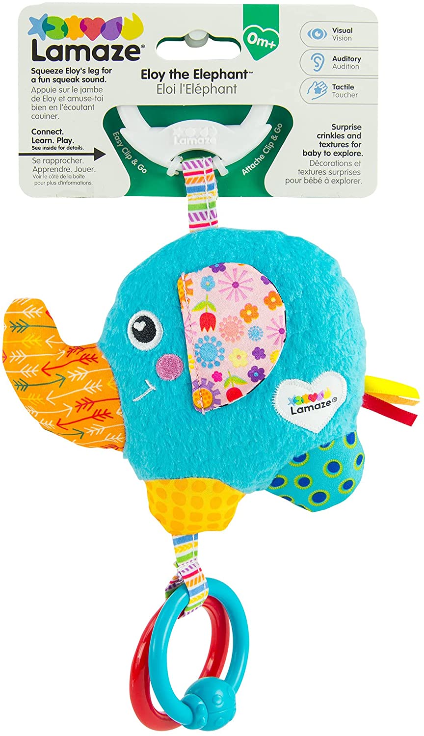 LAMAZE Mini Eloy der Elefant, Babyspielzeug, Clip-on-Baby-Kinderwagenspielzeug und Kinderwagenspielzeug, sensorisches Spielzeug für Neugeborene für Babys, Jungen und Mädchen von 0–6 Monaten