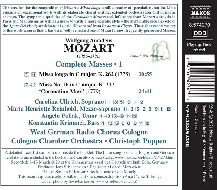 Mozart: Messen Vol.1 [Carolina Ullrich; Marie Henriette Reinhold; Angelo Pollak; Christoph Poppen] [Naxos: 8574270] [Audio CD]