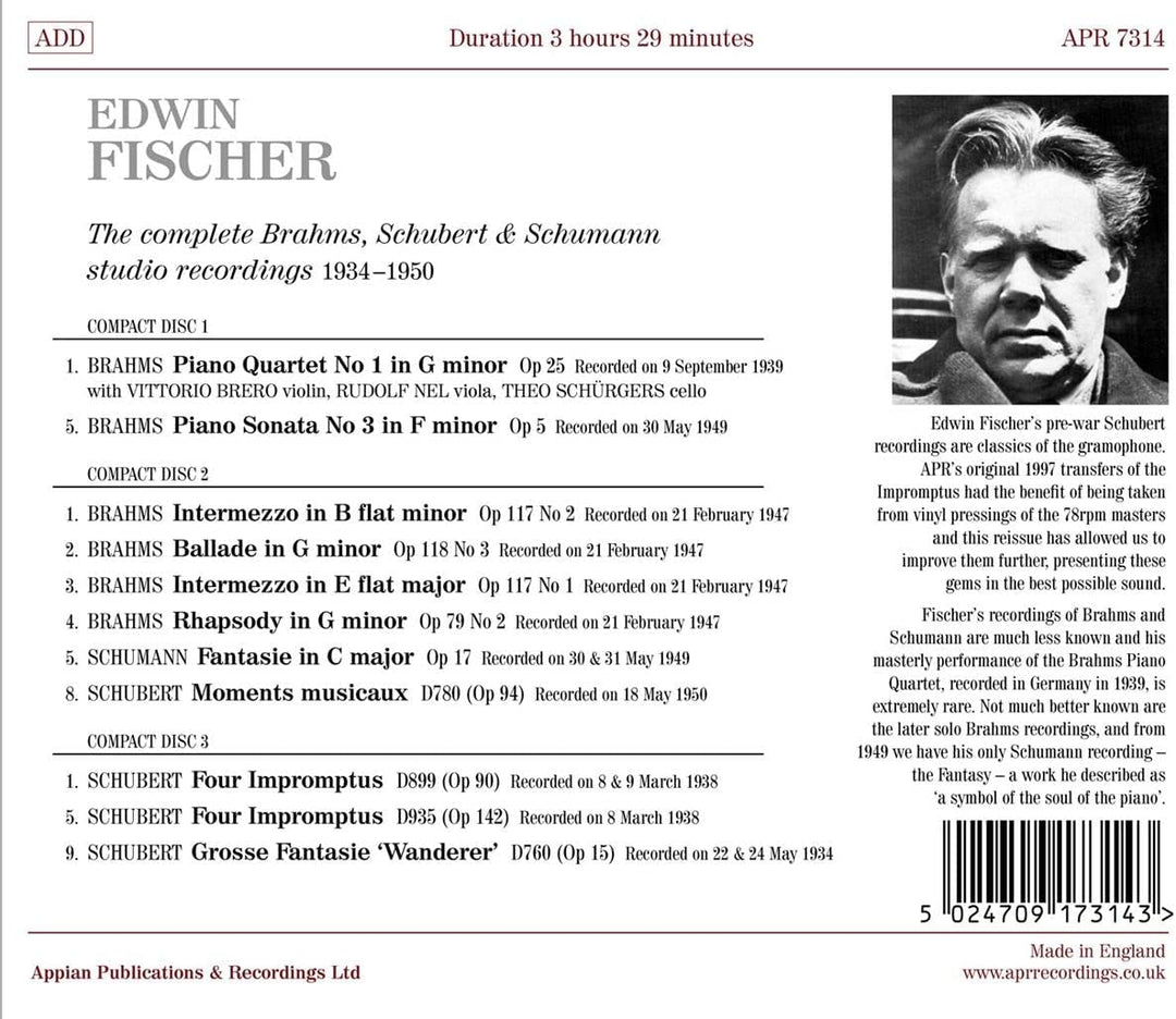 Fischer: Studioaufnahmen [Edwin Fischer] [Apr: APR_7314] [Audio CD]