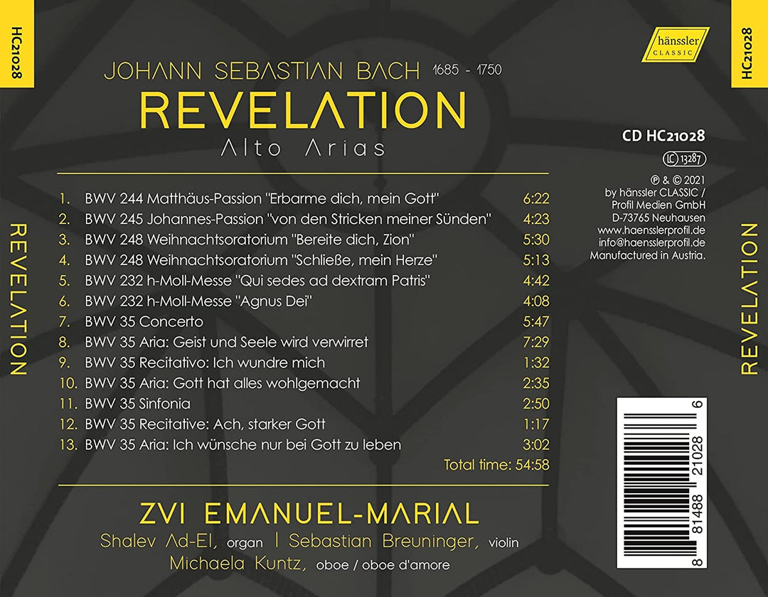 JS Bach: Offenbarung [Zvi Emanuel-Marial; Shalev Ad-El; Sebastian Breuninger; Michaela Kuntz] [Hanssler Classics: HC21028] [Audio CD]