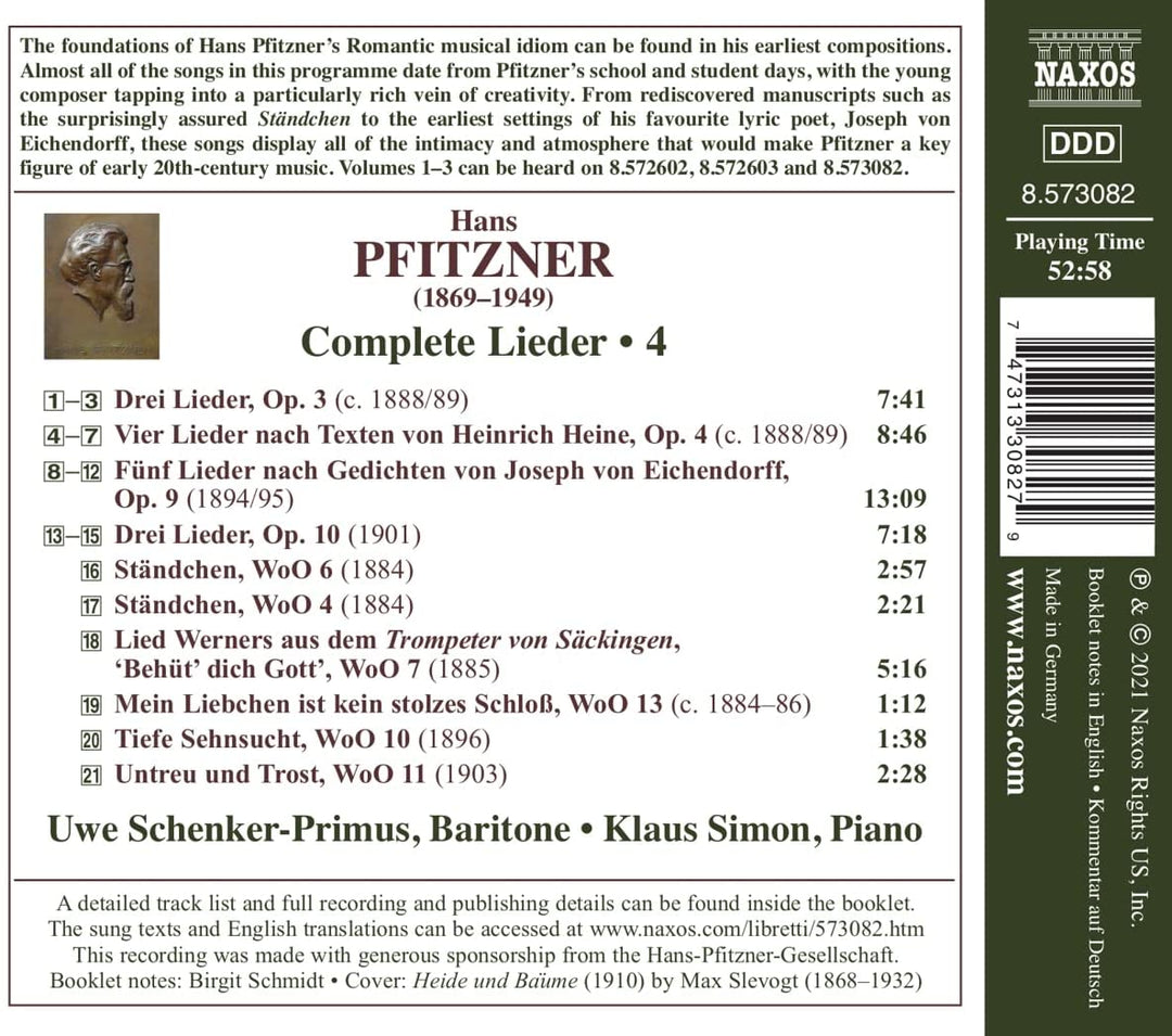 Pfitzner: Sämtliche Lieder Bd. 4 [Uwe Schenker-Primus; Klaus Simon] [Naxos: 8573] [Audio CD]