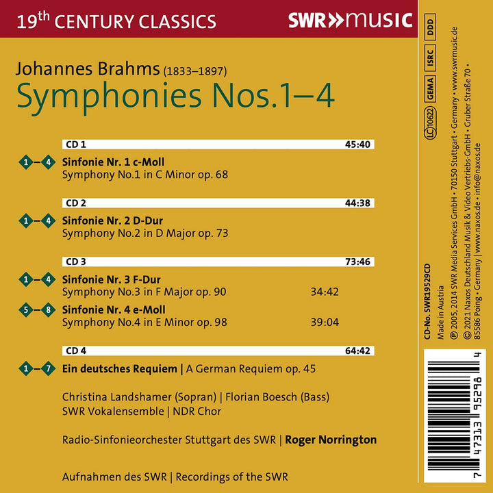 Brahms: Sämtliche Sinfonien [Radio-Sinfonieorchester Stuttgart des SWR; Christina Landshamer; Florian Bösch; SWR Vokalensemble; NDR-Chor; Sir Roger Norrington] [Swr Classic: SWR195 [Audio CD]