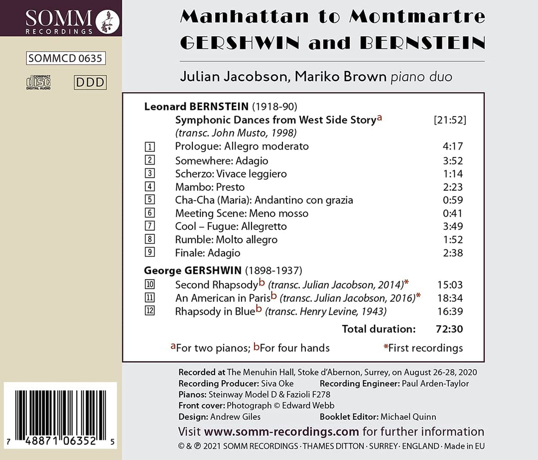 Manhattan nach Montmartre [Julian Jacobson; Mariko Brown] [Somm Recordings: SOMM 0635] [Audio CD]