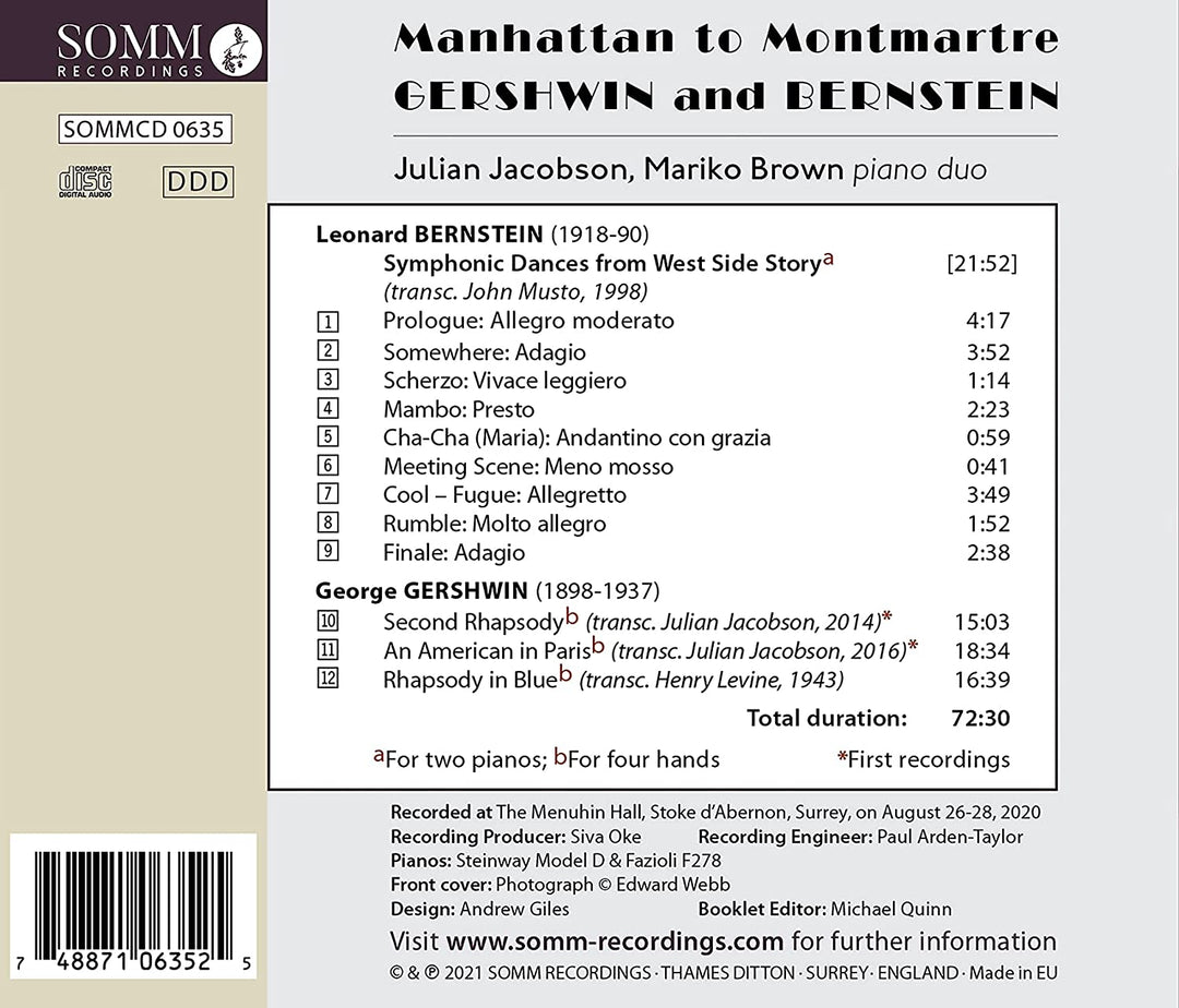 Manhattan nach Montmartre [Julian Jacobson; Mariko Brown] [Somm Recordings: SOMM 0635] [Audio CD]