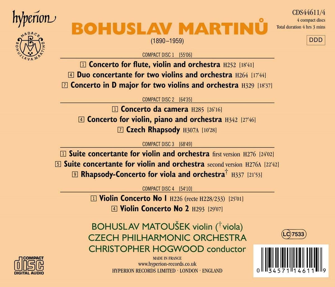 Martin: The complete music for violin and orchestra [Bohuslav Matouek; Czech Philharmonic Orchestra; Christopher Hogwood; Christopher Hogwood] [Hyperion: CDS44611/4] [Audio CD]