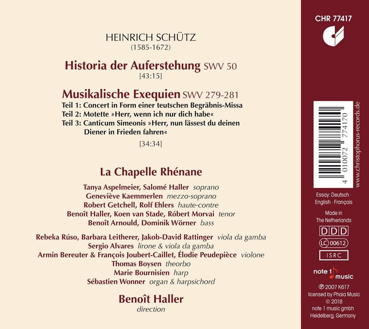 Benoit Haller - Heinrich Schütz - Historia der Auferstehung SWV 50 &amp; Musikalische Exequien SWV 279-281 [Audio CD]