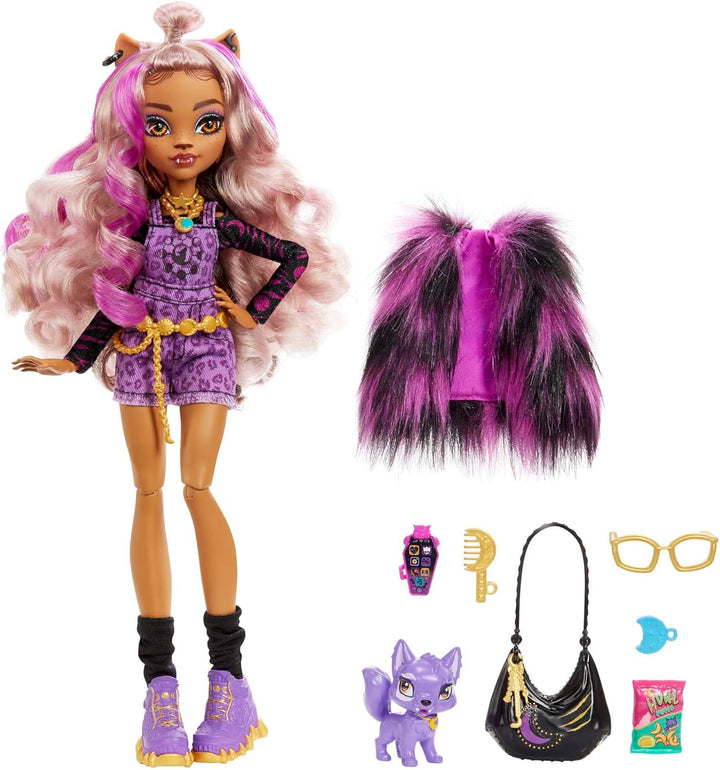 Monster High Puppe, Clawdeen Wolf mit Zubehör und Hund, beweglich, Fashion D