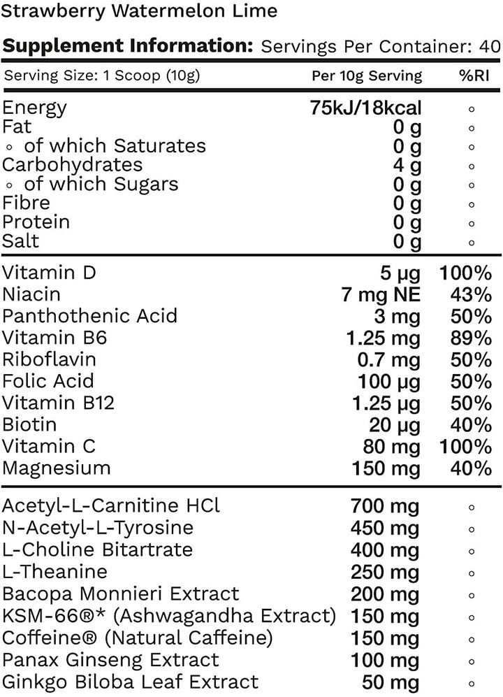 Beyond NRG - Gaming Energy Drink - Energy & Focus Supplement - Strawberry Watermelon Lime - 400g Tub (40 Servings)