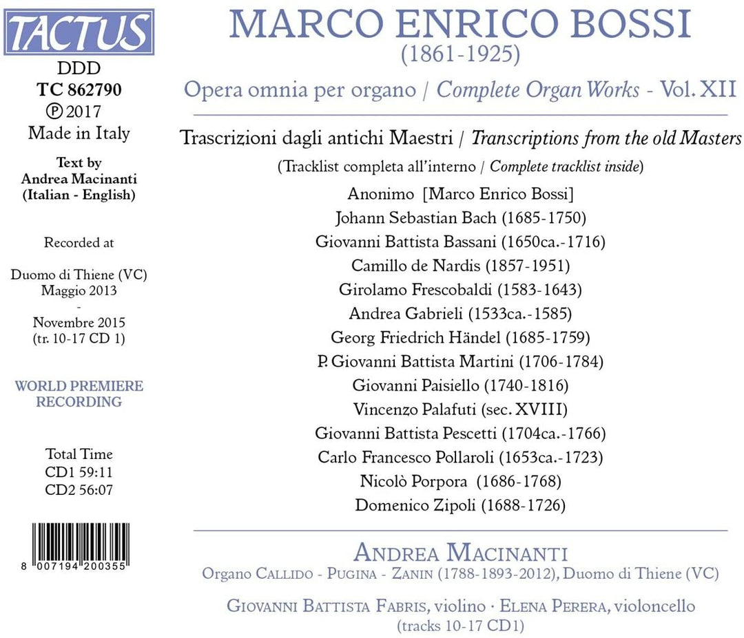 Marco Enrico Bossi: The Complete Organ Works, Vol. 12 [Andrea Macinanti; Giovanni Battista Fabris; Elena Perera] [Tactus:TC 862790] [Audio CD]