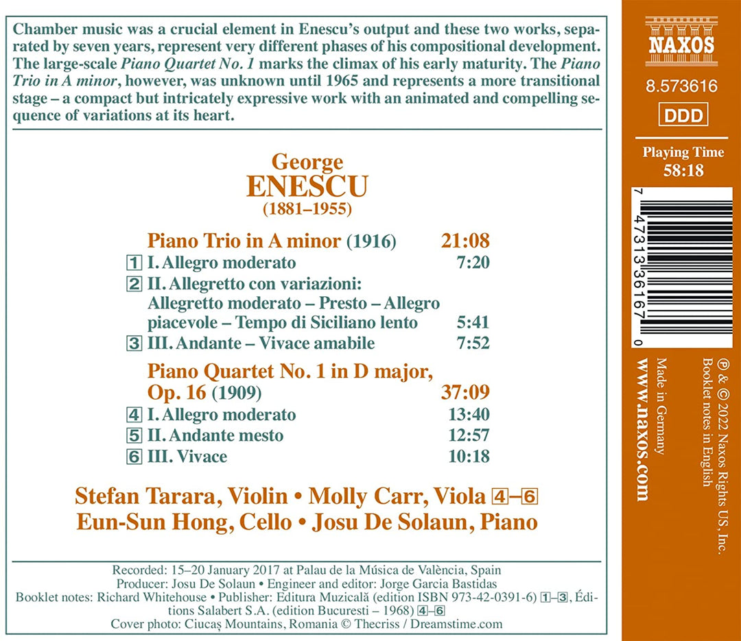 Enescu: Klavierquartett Nr. 1 [Stefan Tarara; Molly Carr; Eun-Sun Hong; Josu De So [Audio-CD]