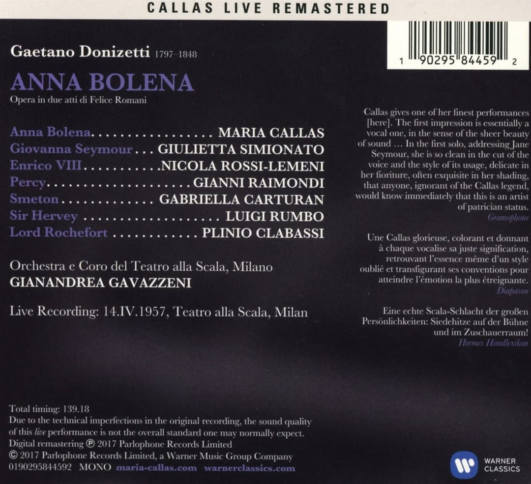 Donizetti: Anna Bolena (Mailand, 14.04.1957) – Maria Callas, Gianandrea Gavazzeni [Audio-CD]