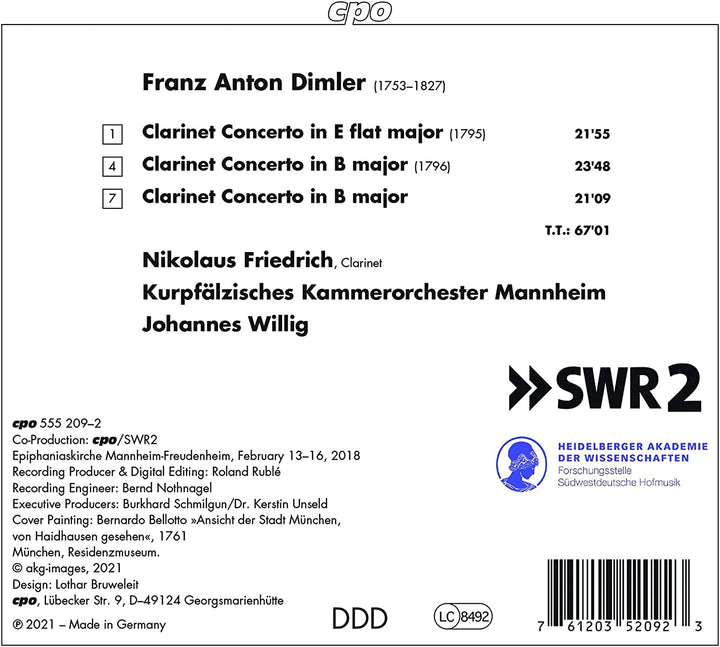 Nikolaus Friedrich - Dimler: Drei Klarinettenkonzerte [Nikolaus Friedrich; Kurpfälzisches Kammerorchester Mannheim; Johannes Willig] [Cpo: 555209-2] [Audio CD]