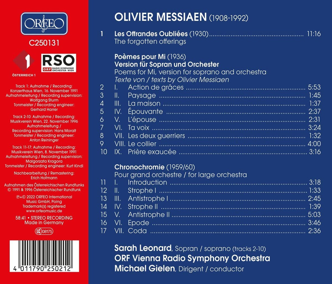 Messiaen: Gielen dirigiert [Sarah Leonard; ORF Radio-Symphonieorchester Wien; [Audio-CD]