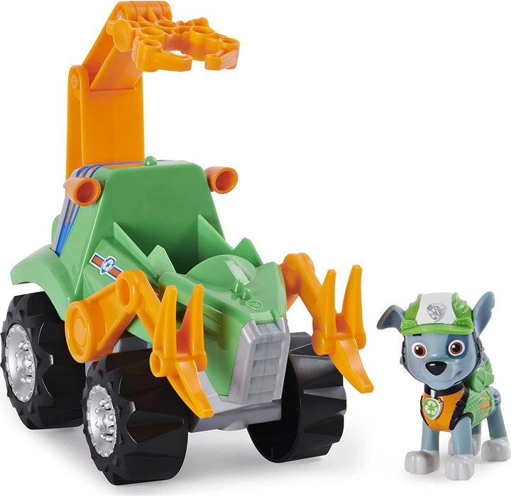 PAW Patrol, Dino Rescue Rocky's Deluxe Rev Up Vehicle mit geheimnisvoller Dinosaurierfigur