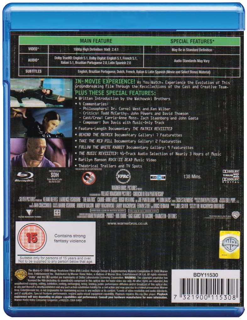 The Matrix [1999] [Region Free] – Science-Fiction/Action [Blu-ray]