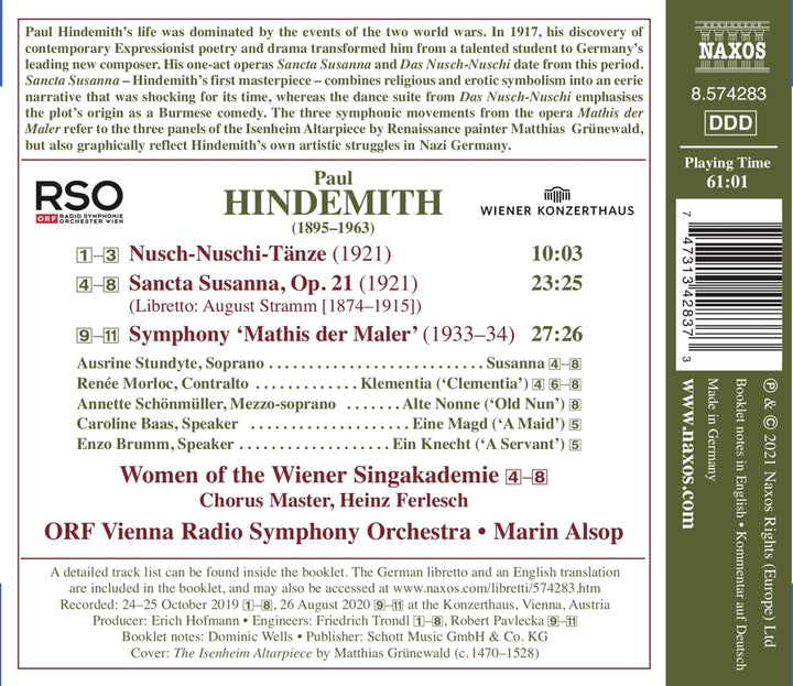 Hindemith: Mathis Der Maler [Ausrine Stundyte; Renée Morloc; ORF Radio-Symphonieorchester Wien; Marin Alsop] [Naxos: 8574283] [Audio CD]