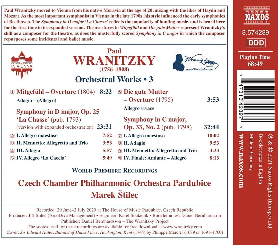 Wranitzky: Orchesterwerke, Bd. 3 [Tschechische Kammerphilharmonie Pardubice; Marek `tilec] [Naxos: 8574289] [Audio CD]