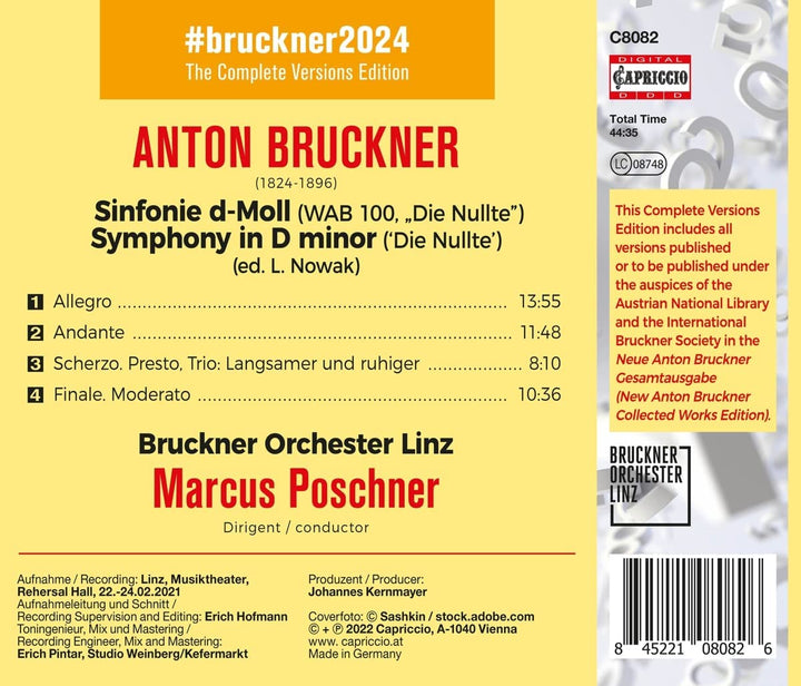 Bruckner: Sinfonie Nr. 0 [Bruckner Orchester Linz; Markus Poschner] [Capriccio: C8082] [Audio CD]