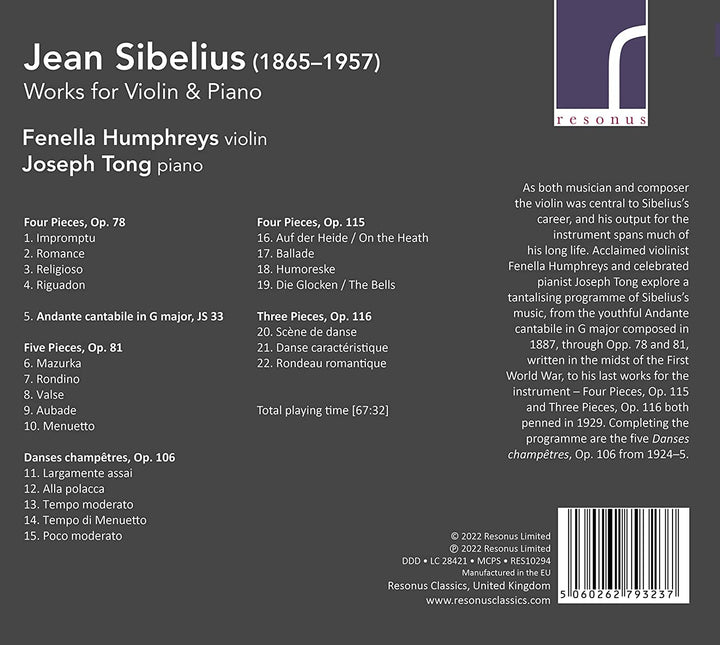 Sibelius: Violinwerke [Fenella Humphreys; Joseph Tong] [Resonus Classics: RES10 [Audio CD]