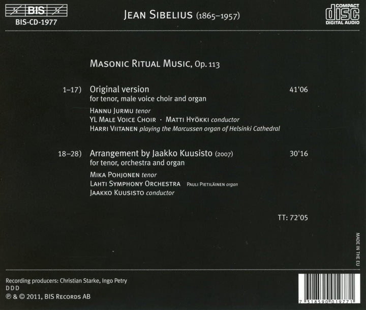 Sibelius: Freimaurerische Ritualmusik Op. 113 [Matti Hyökki, Jaako Kuusisto, Hannu Jurmu] [BIS: BIS1977] [Audio CD]