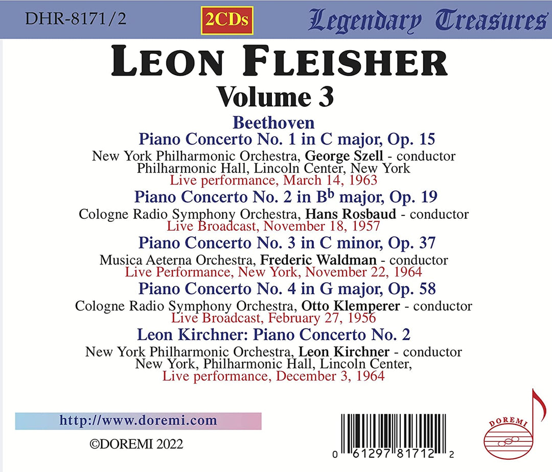 Leon Fleisher – Fleisher: Live, Vol. 3 [Leon Fleisher; New York Philharmonic Orchestra; Otto Klemperer; Leon Kirchner] [Doremi: DHR-8171/2] [Audio CD]