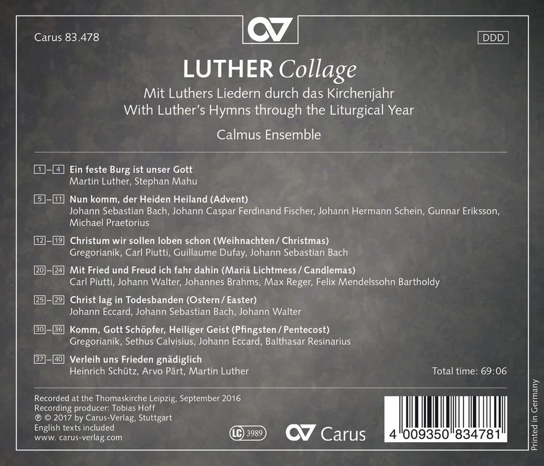 Calmus Ensemble - Luther Collage - Mit Luthers Liedern durch das Kirchenjahr - Werke von Bach/Schein/Eccard/Schütz/Reger/Mendelssohn/Dufay/ [Audio CD]