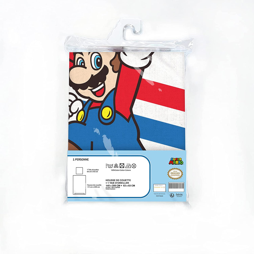 Mario Luigi Gestreiftes Bettwäsche-Set für Einzelbett, 140 x 200 cm, Baumwolle, Weiß, Petit