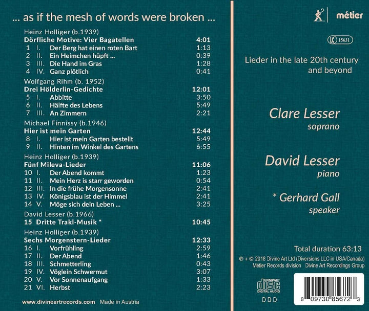 Das Netz der Worte wurde zerbrochen [Clare Lesser; David Lesser] [Metier: MSV28567] [Audio CD]