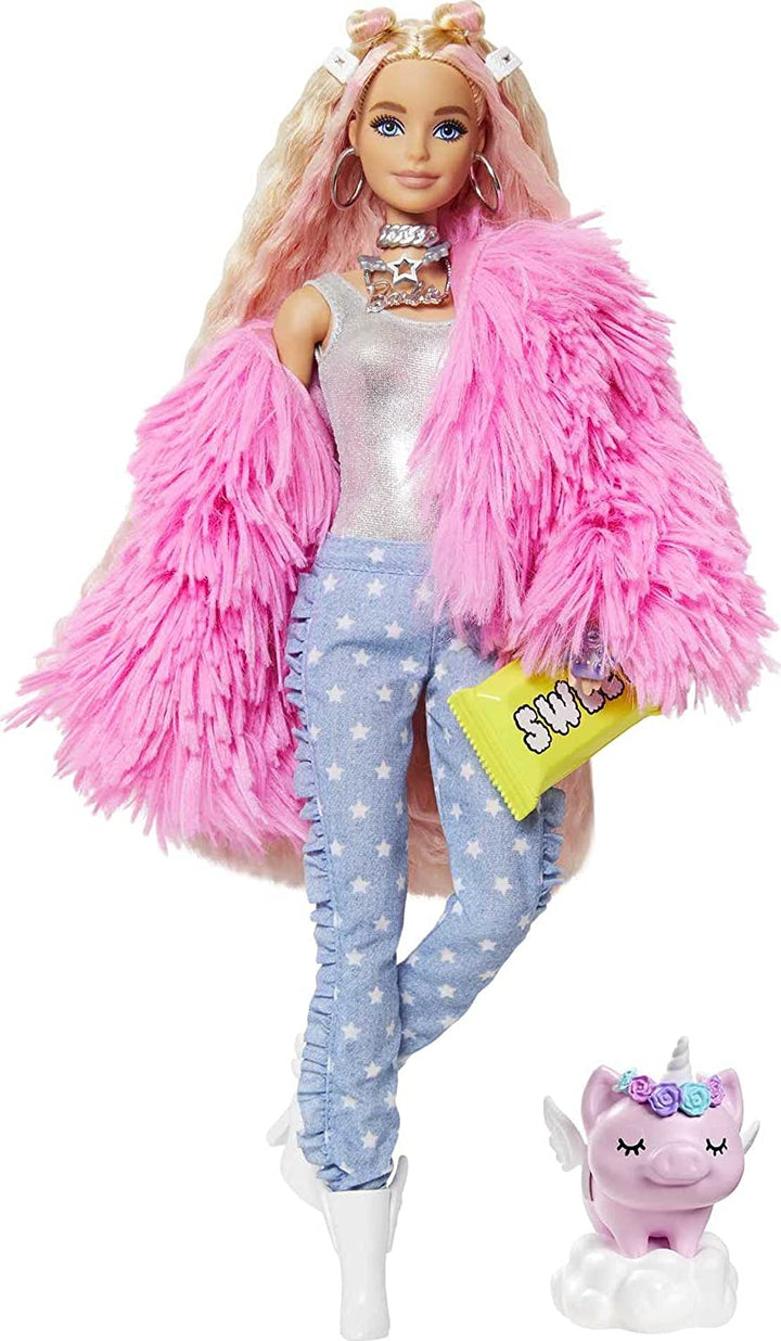 Bambola Barbie Extra in soffice cappotto rosa con giocattolo maiale unicorno