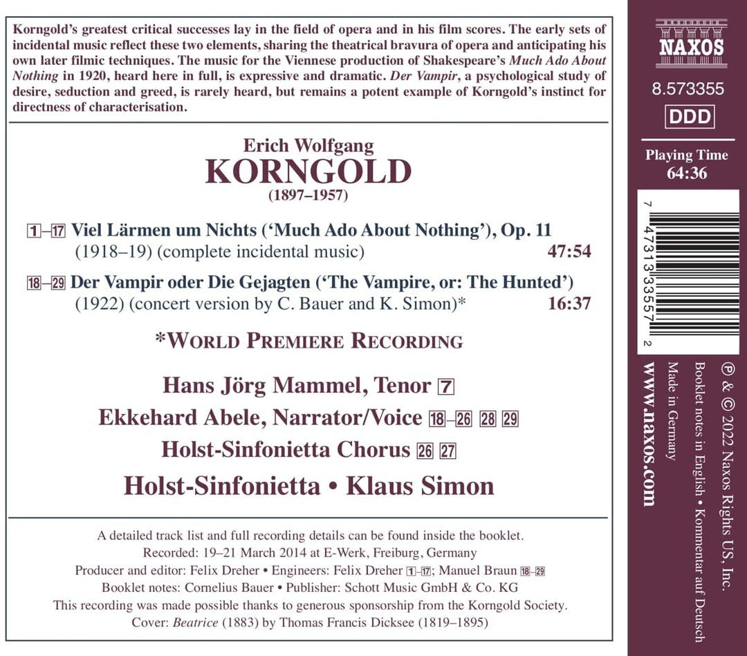 Korngold: Bühnenmusik [Hans Jörg Mammel; Ekkehard Abele; Holst-Sinfonietta; Klaus Simon] [Naxos: 8573355] [Audio CD]