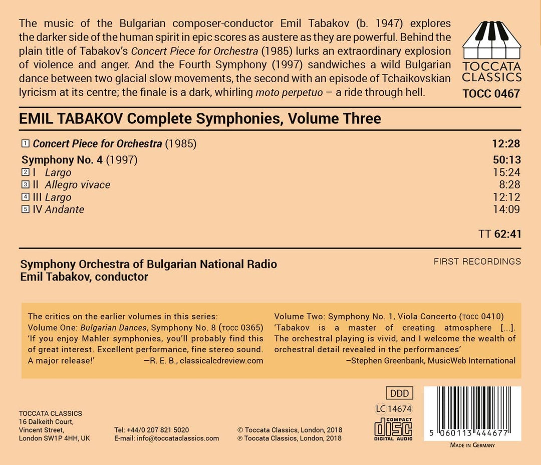 Tabakov: Sämtliche Symphonien, Band Drei [Symphonieorchester des Bulgarischen Nationalen Rundfunks; Emil Tabakov] [Toccata Classics: TOCC 0467] [Audio CD]