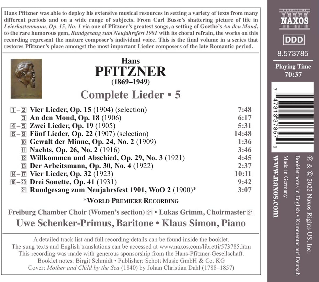 Uwe Schenker-Primus - Pfitzner: Sämtliche Lieder 5 [Uwe Schenker-Primus; Klaus Simon; Freiburger Kammerchor; Lukas Grimm] [Naxos: 8573785] [Audio CD]