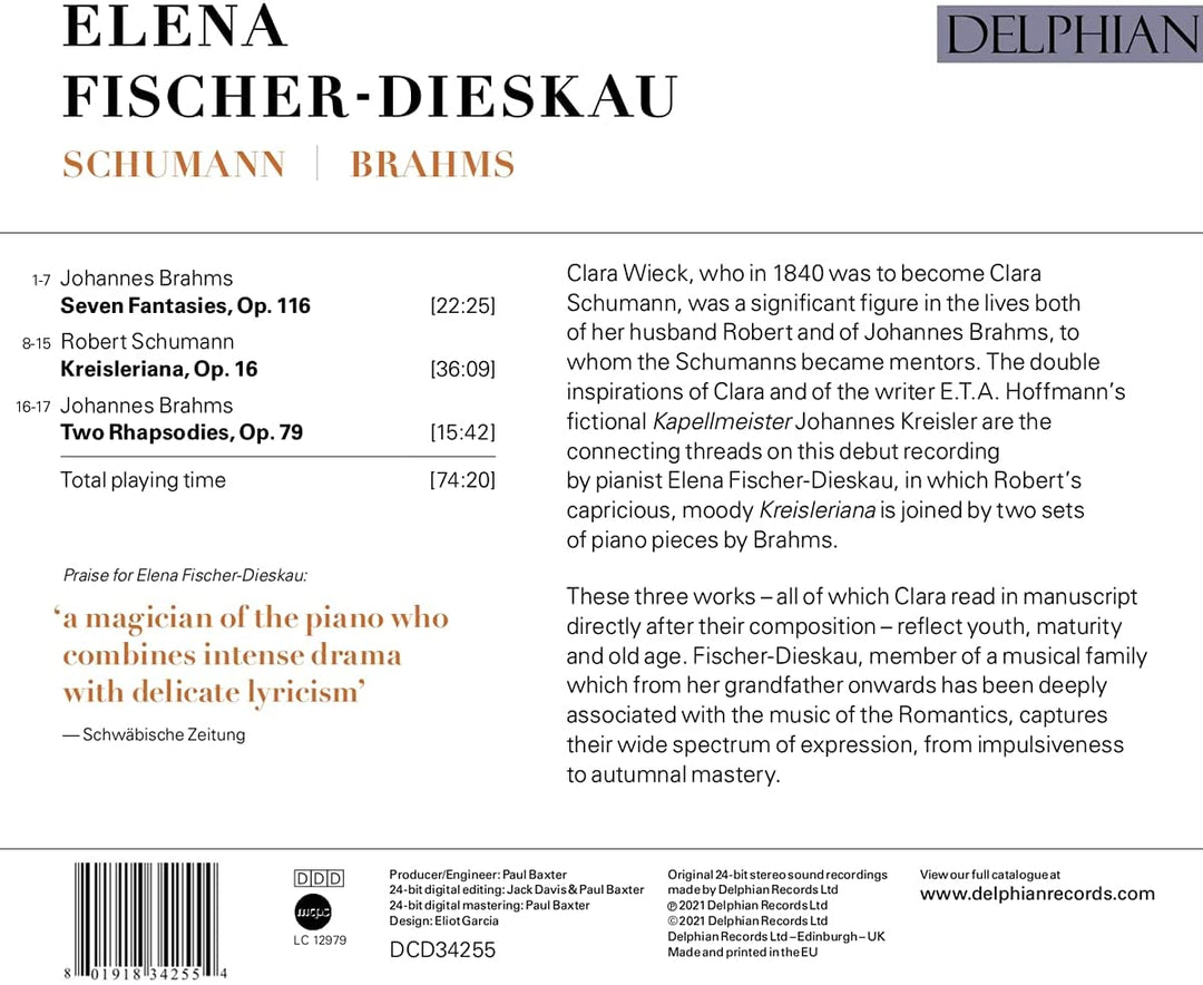 C Schumann, Brahms: Kreisleriana Op. 16; Sieben Fantasien Op. 116, Zwei Rhapsodien Op. 79 [Audio-CD]