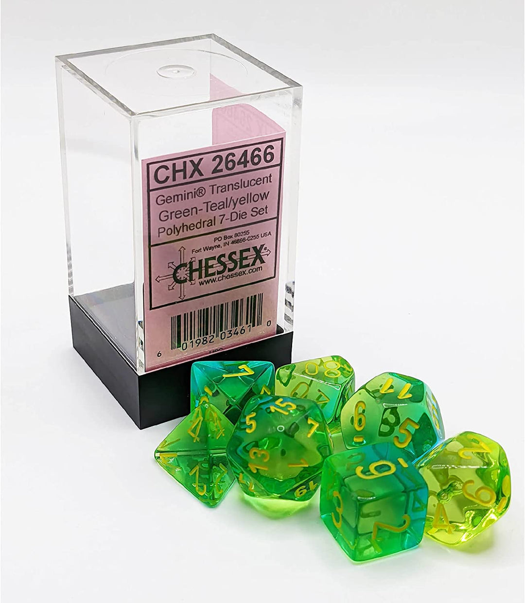 Chessex Gemini Translucent Dice Set 7 Polyhedral Dice Green and Teal with Yellow