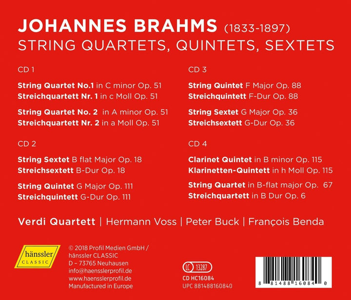 Brahms: Quartette/Quintette/Sextette [Verdi Quartett; Hermann Voss; Peter Buck; François Benda] [Hanssler Classic: HC16084] [Audio CD]