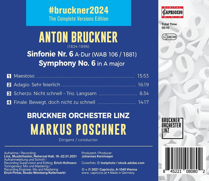 Bruckner: Symphonie 6 [Bruckner Orchester Linz; Markus Poschner] [Capriccio: C8080] [Audio CD]