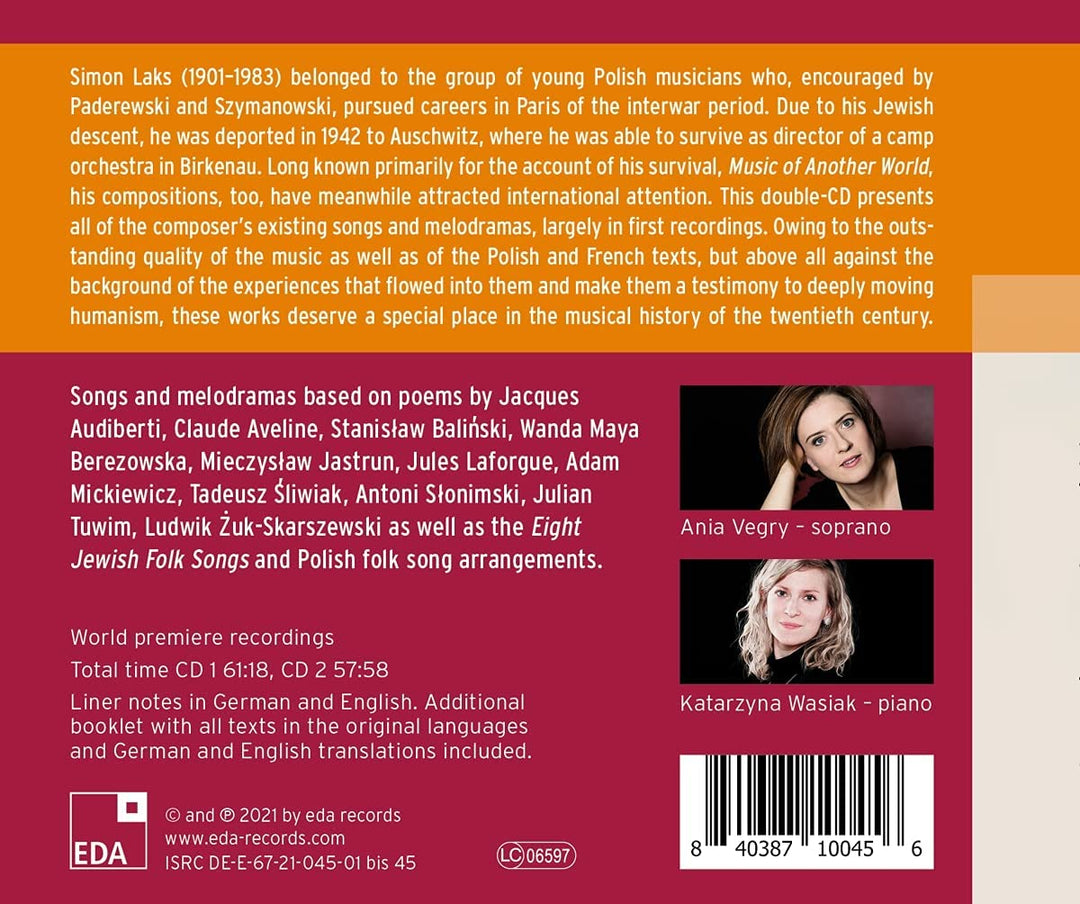 Ania Vegry - Laks: Werke für Gesang und Klavier [Ania Vegry; Dominique Horwitz; Katarzyna Wasiak] a Records: EDA 45] [Audio CD]