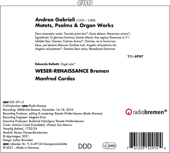 Motetten, Psalmen und Orgelwerke [WESER-RENAISSANCE Bremen; Manfred Cordes] [Cpo: 555291-2] [Audio CD] 