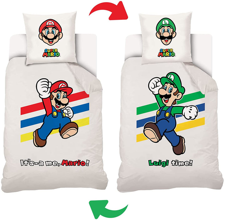 Mario Luigi Gestreiftes Bettwäsche-Set für Einzelbett, 140 x 200 cm, Baumwolle, Weiß, Petit