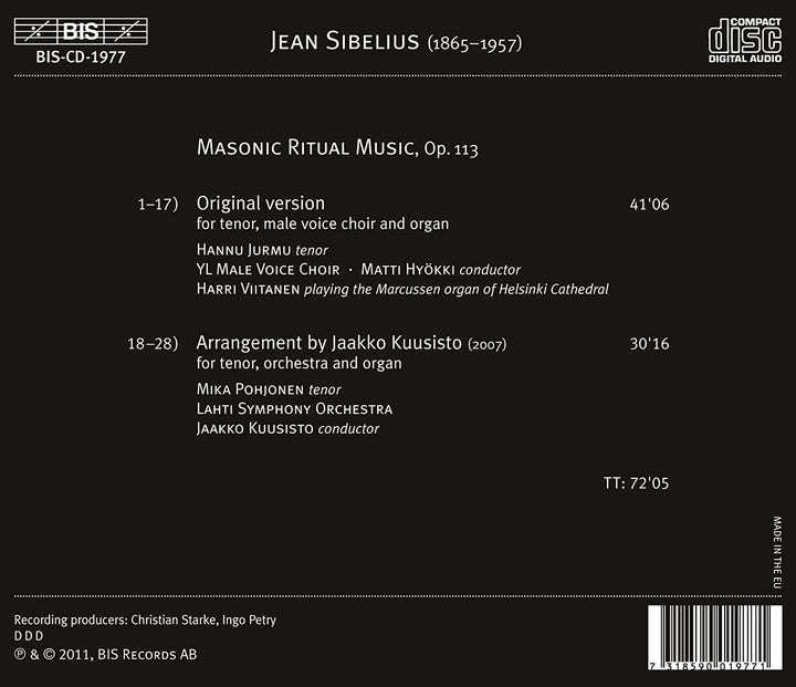 Sibelius: Masonic Ritual Music Op. 113 [Matti Hyökki, Jaako Kuusisto, Hannu Jurmu] [BIS: BIS1977] [Audio CD]