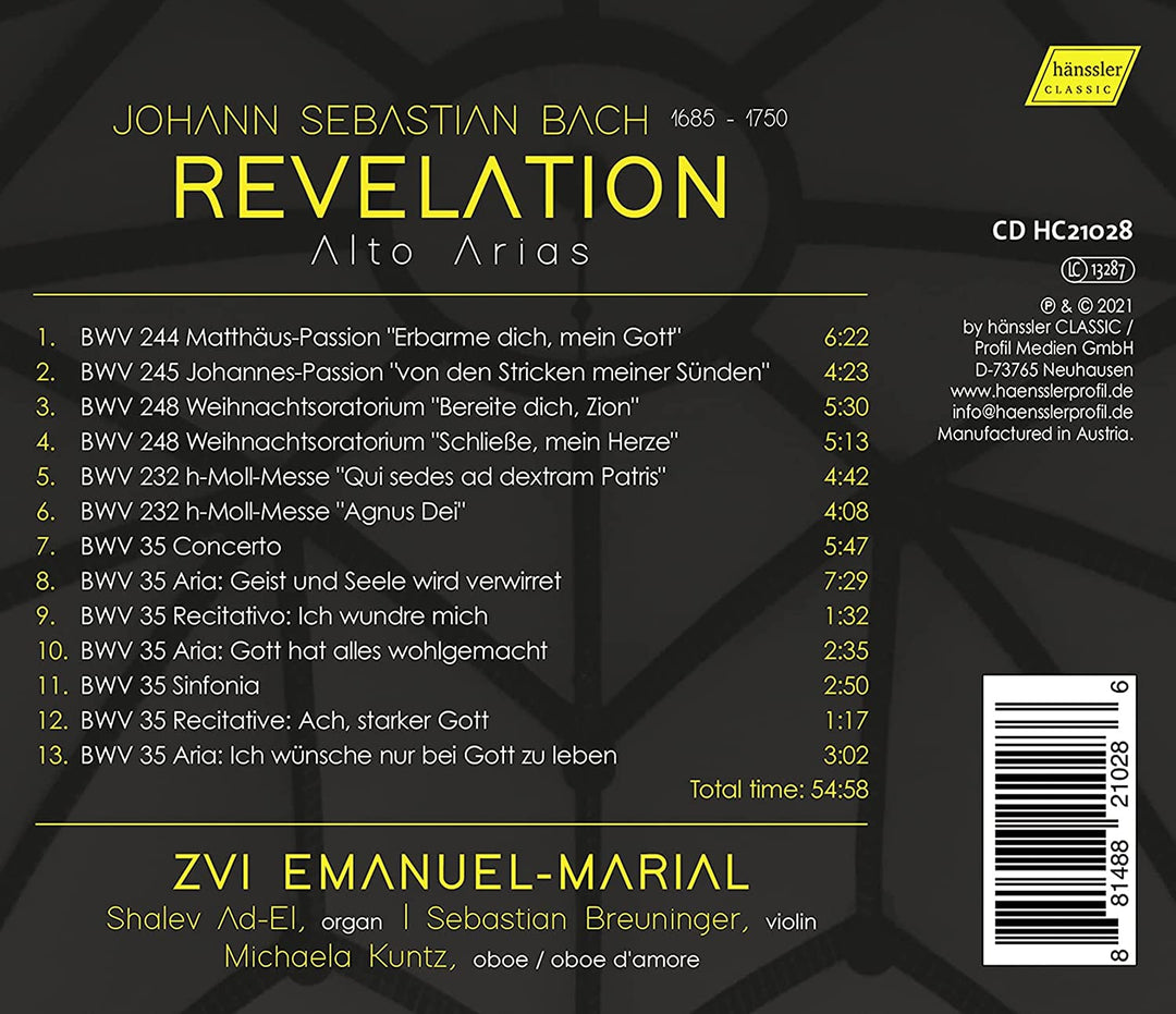 JS Bach: Offenbarung [Zvi Emanuel-Marial; Shalev Ad-El; Sebastian Breuninger; Michaela Kuntz] [Hanssler Classics: HC21028] [Audio CD]