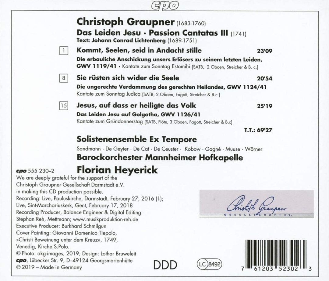 Ex Tempore - Graupner: Das Leiden Jesu [Ex Tempore; Mannheimer Hofkapelle; Florian Heyerick] [Cpo: 555230-2] [Audio CD]